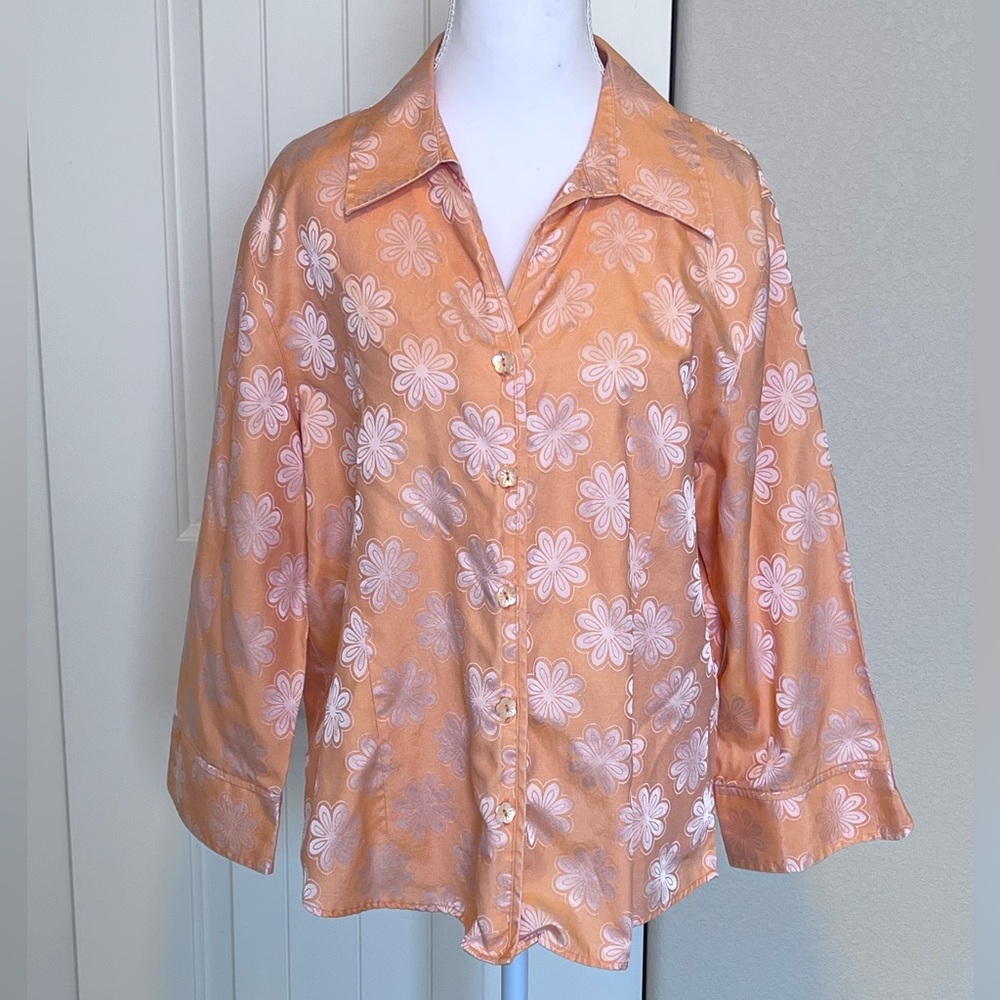 Foxcroft Peach/Orange Floral Shiny Flower Button-Down Shirt Sz 14